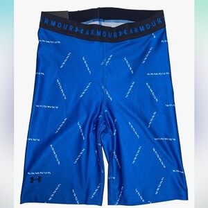 Under Armour Women's HeatGear Armour Bike Shorts 8" Inseam BLUE LOGO PRINT Sz XS